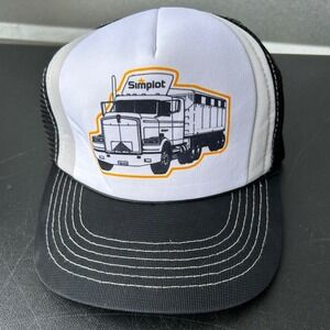 Vintage 80's Simplot Trucker Hat Mesh Cap White Black Snapback One Size Fits All